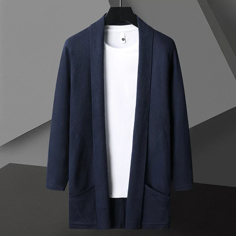 Hollen Lightweight Long Drape Cardigan For Men In Matte Cotton Linen Blend Open Front With Hidden Pockets