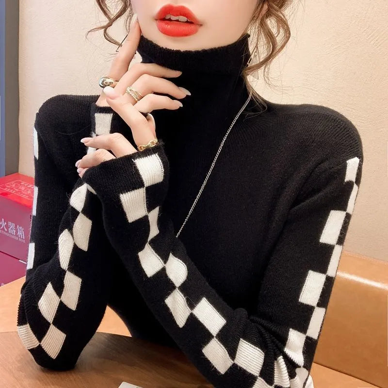 Street-Wave Checkered Turtleneck Sweater For Women Soft Cozy Knit Timeless Chic Wardrobe Essential