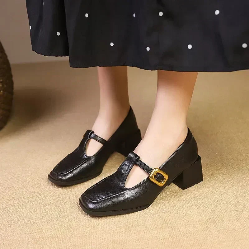 Women's Square Toe Heels with Block Heel and Gold Accent