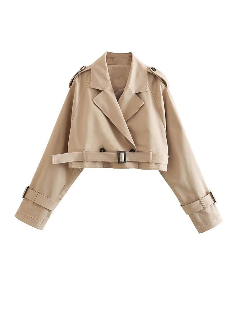 Beige Trench Coat Street-wave Two Layer Design Elegant Collar Adjustable Sleeves For Modern Professional Women