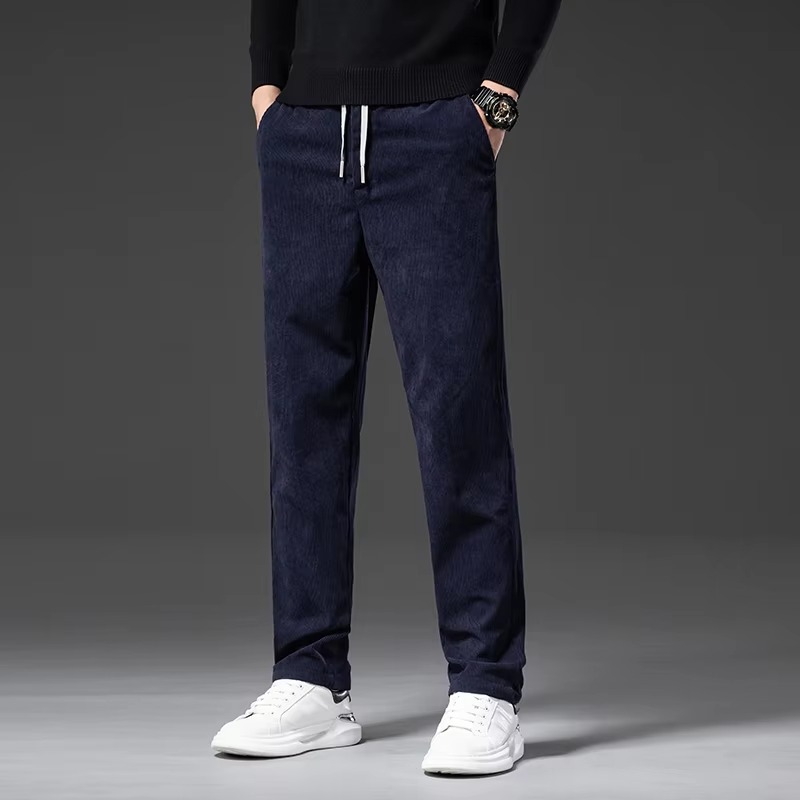 Street-Wave Corduroy Elastic Waist Straight Leg Pants for Men Comfortable Casual Work Trousers