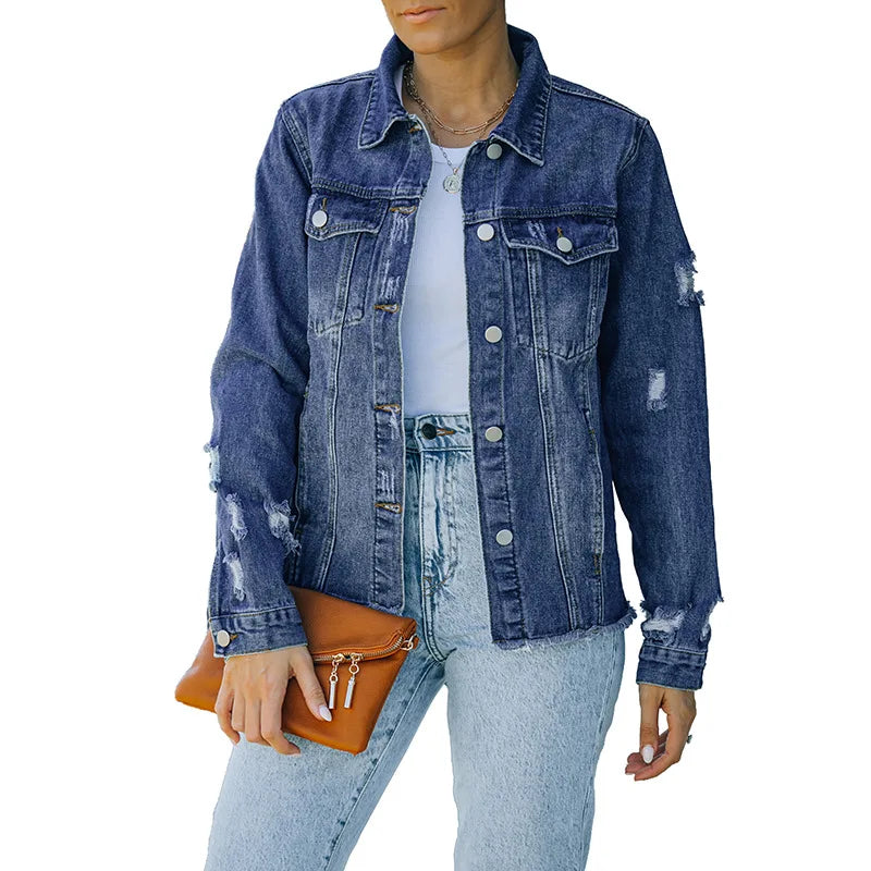 Street-Wave Jane Denim Jacket Distressed Hem For Unisex Style