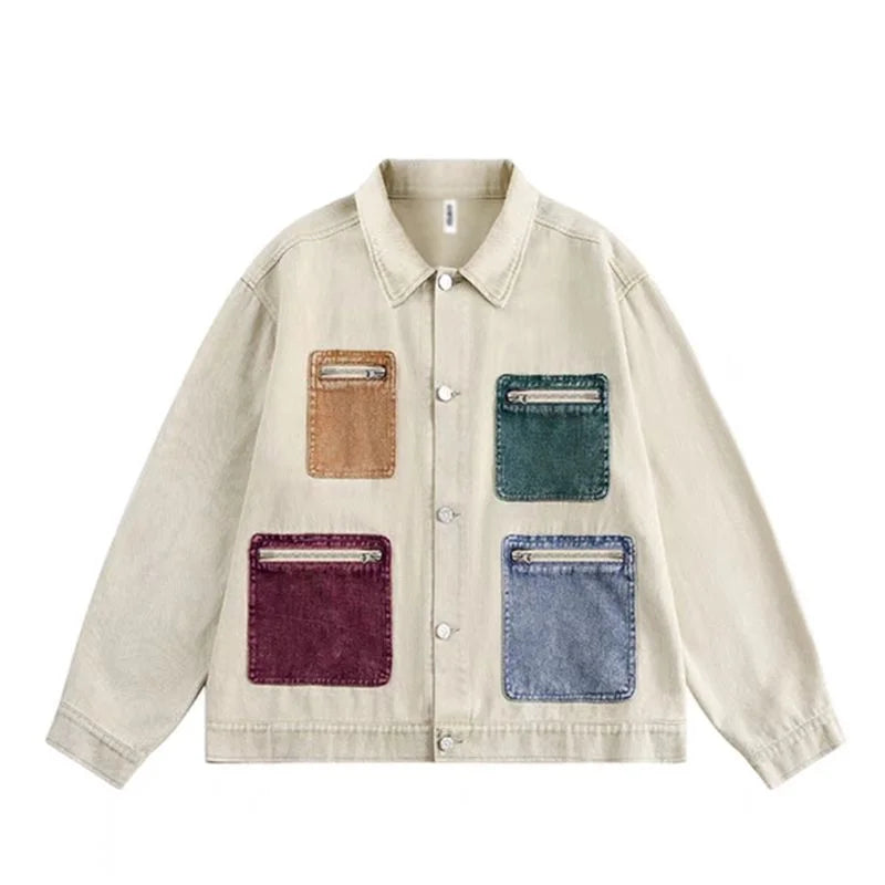 Street-wave Patchwork Jacket With Colorblock Pockets For Warm Streetwear Style For Streetwear Fans