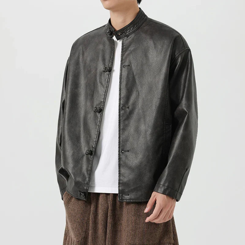 Street-Wave Revel Vintage Washed Leather Coat For Men With Mandarin Collar And Toggle Buttons