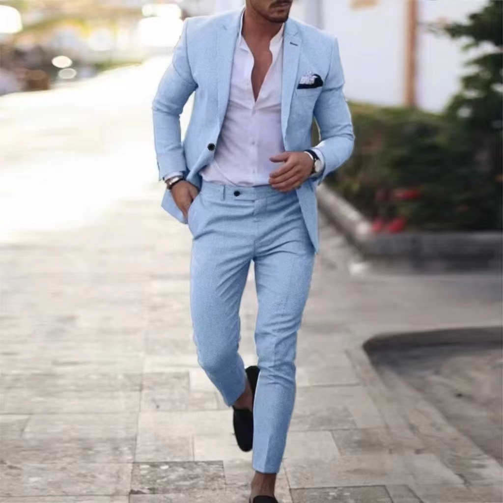 Street-Wave Men's Breathable Linen Two Piece Blazer And Pants Suit Set For Weddings Beach Parties Summer Events