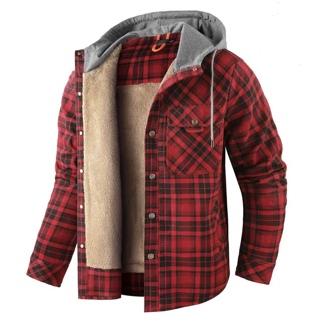 Street Wave Warm Plaid Shirt Jacket With Hood Lined Sherpa For Outdoor Adventurers