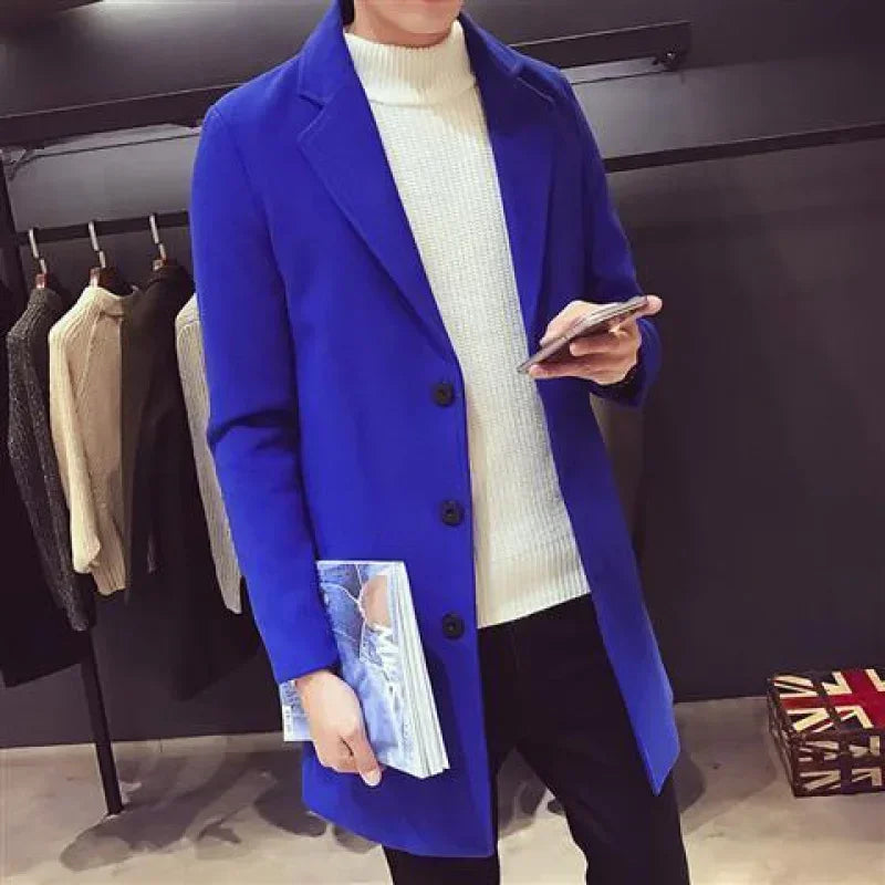Street-wave Mens Long Wool-Blend Coat With Button Closure, Timeless And Elegant Everyday