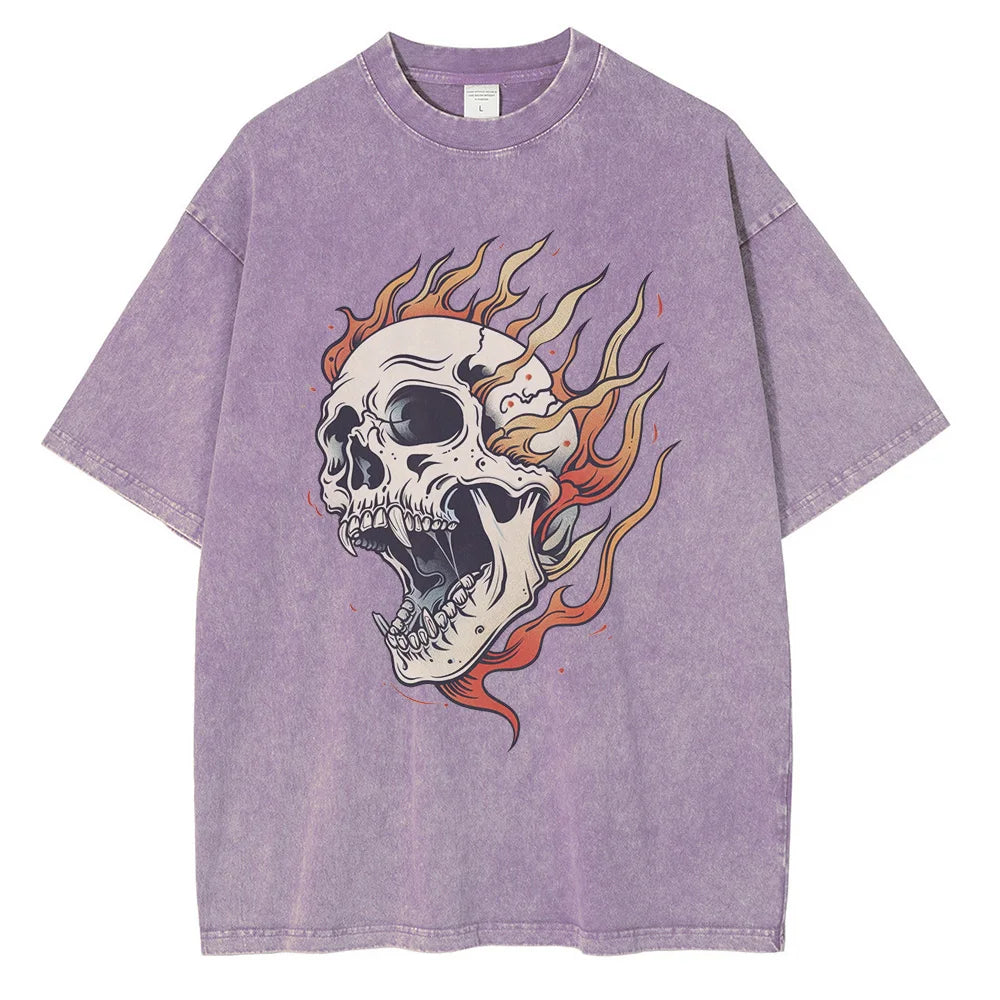 Street-Wave Bone Blaze Acid Wash Skull Tee With Flame Graphic Oversized Heavyweight One Hundred Percent Cotton