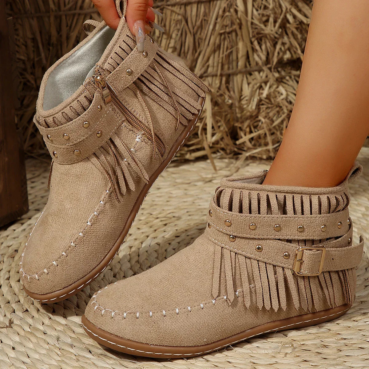 Streetwave Retro Faux Suede Fringe Buckle Cowboy Ankle Boots for Women Western Chic
