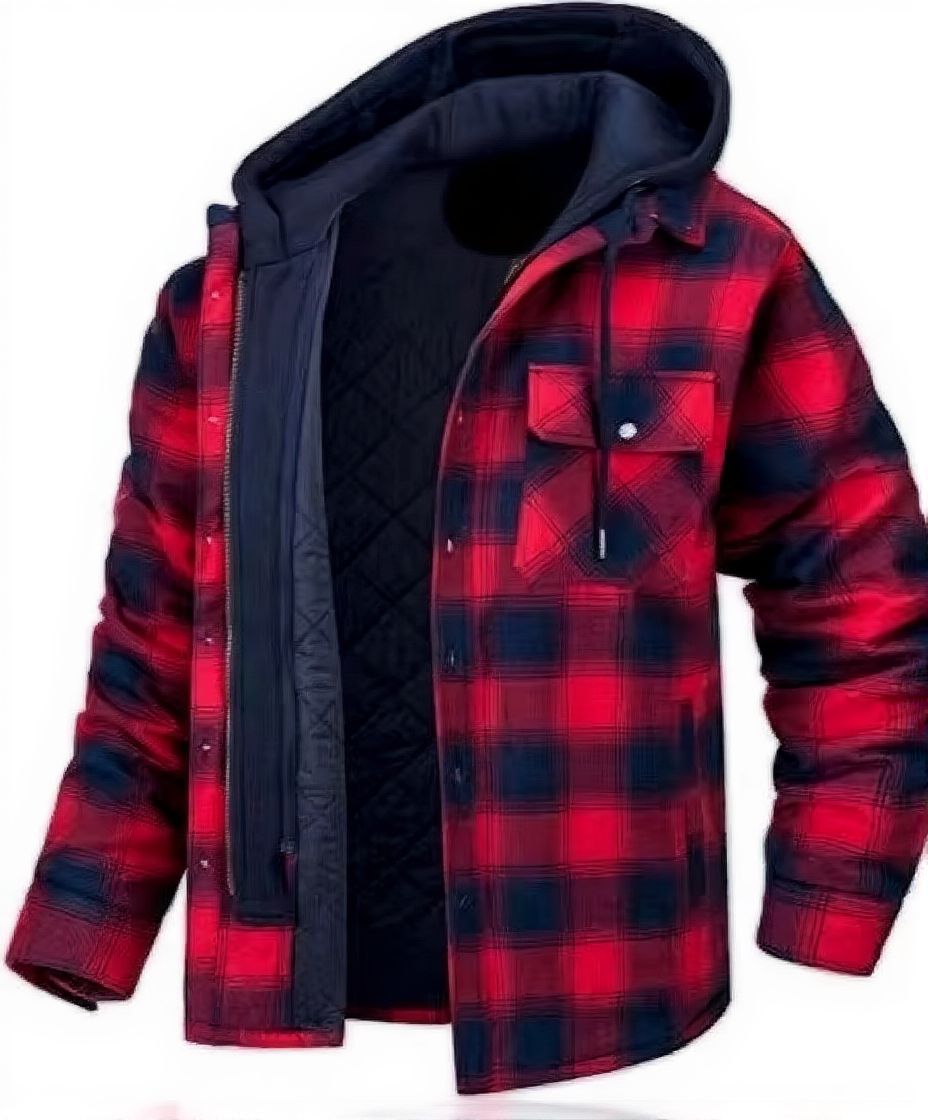 Mens Winter Thick Hooded Plaid Jacket Warm Insulated Casual Trendy Outerwear Street-Wave