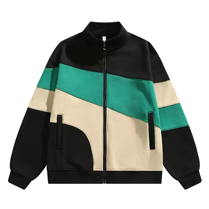 Street-wave Sustainable Colorblock Zip Jacket With Geometric Pattern For Urban Style Enthusiasts