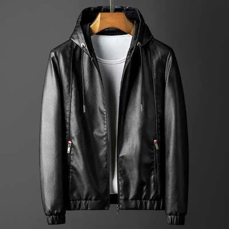 Streetwave Hooded Faux Leather Jacket For Urban Men Versatile All Weather Streetwear Comfort