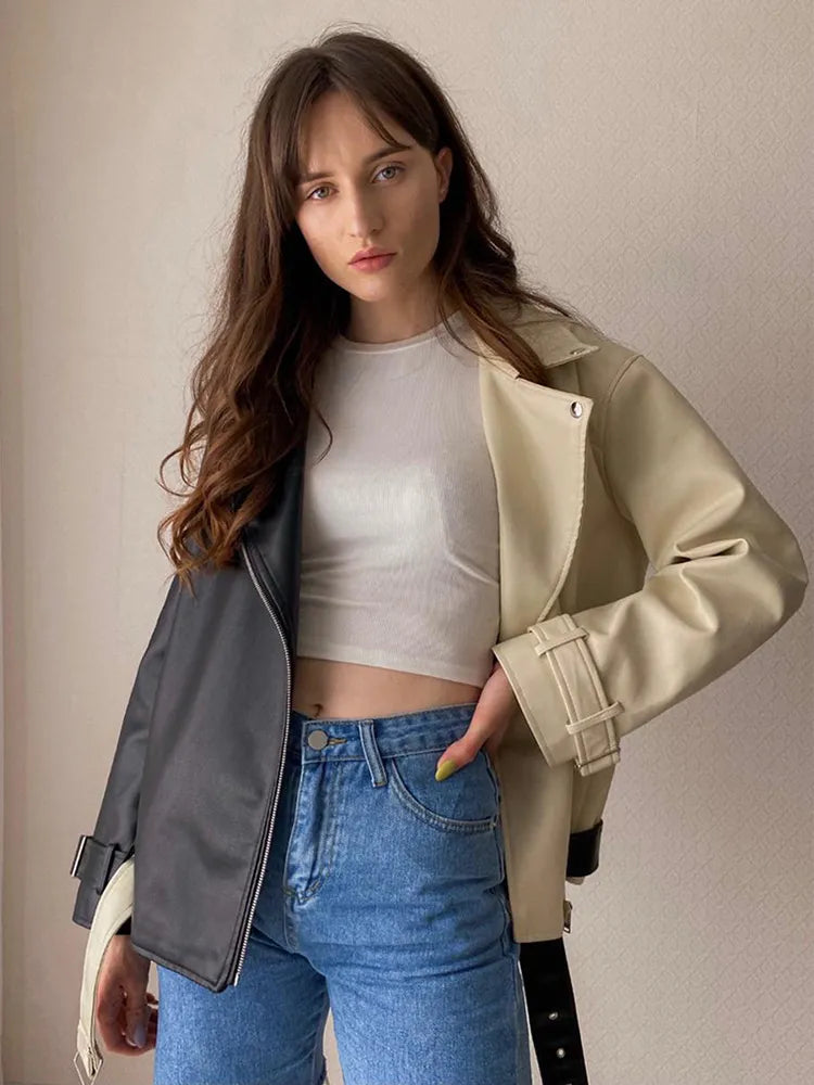 Street-Wave Color Block Leather Jacket for Women Soft Breathable Comfort Premium Style