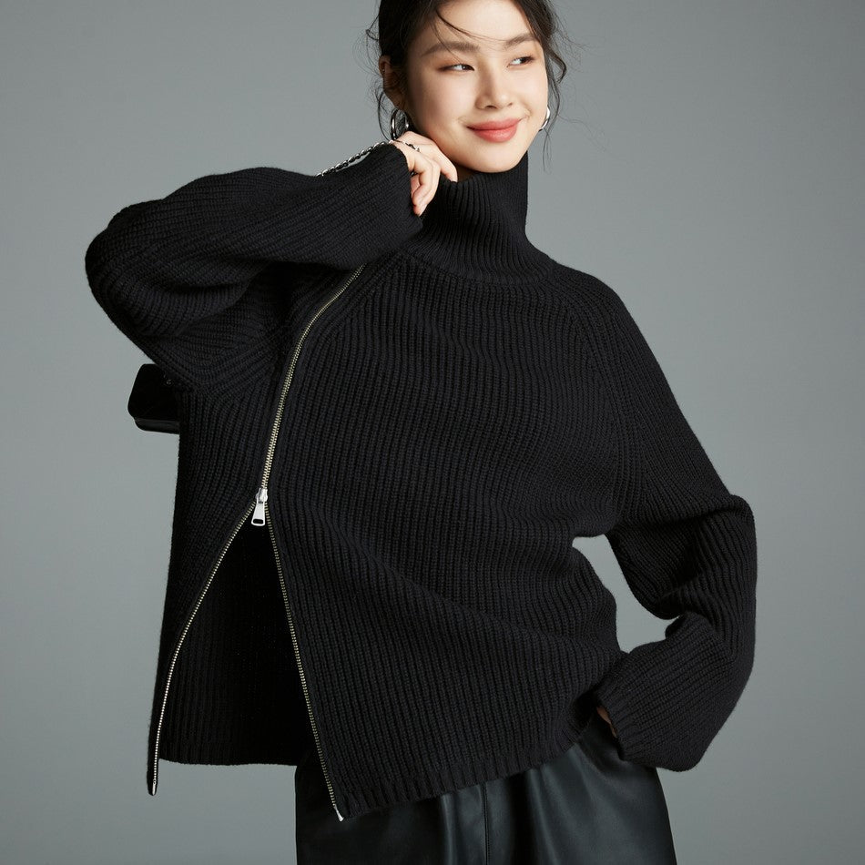 Street-Wave Women's Turtleneck Sweater With Double Zipper For Cozy Yet Chic Winter Style