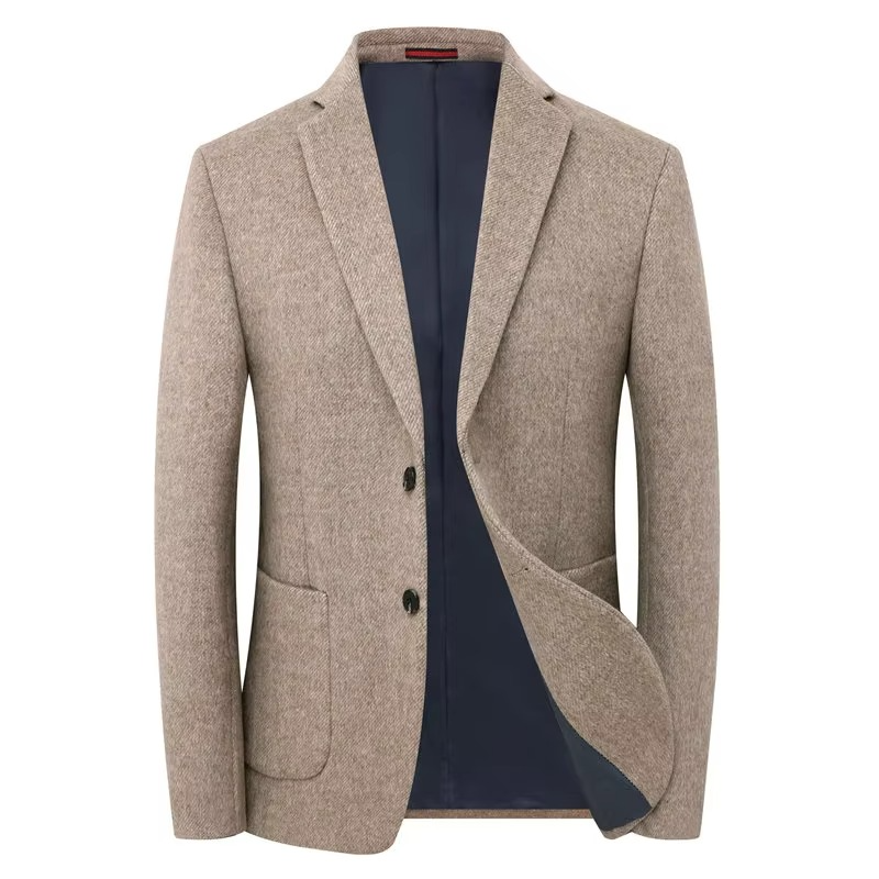Street-Wave Mens Elegant Wool Tweed Blazer Beige Coffee Gray Business Casual Winter Jacket