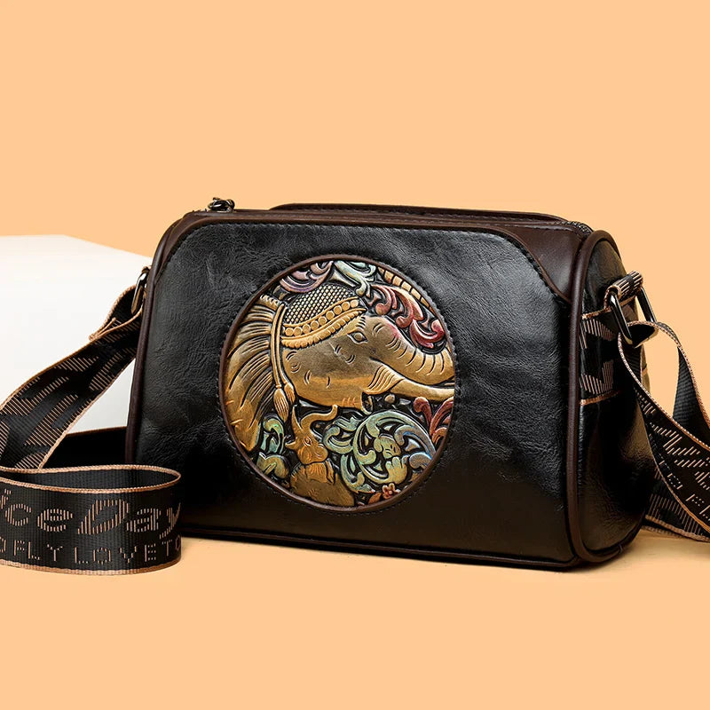 Street-Wave Embossed Elephant Leather Shoulder Bag - Symbol Of Luck, Strength And Wisdom