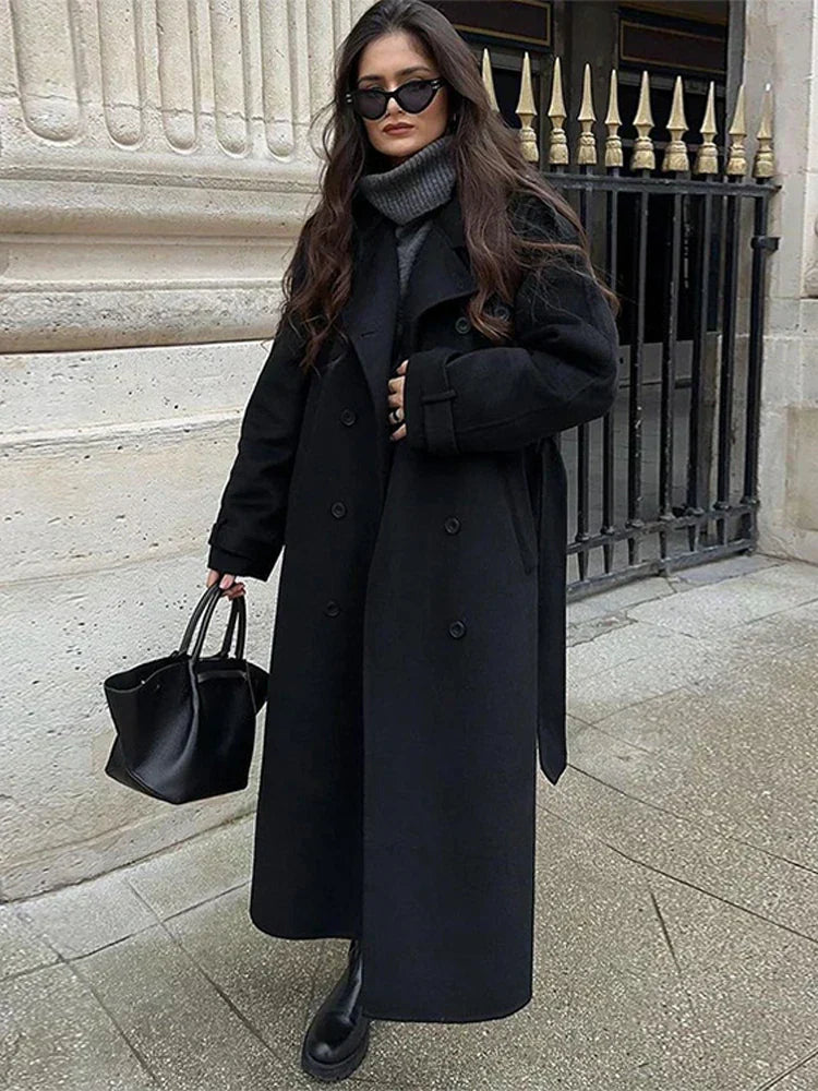 Street-wave Woolly Coat for Women Belted Long Wool Coat for Cozy Autumn Winter Warmth