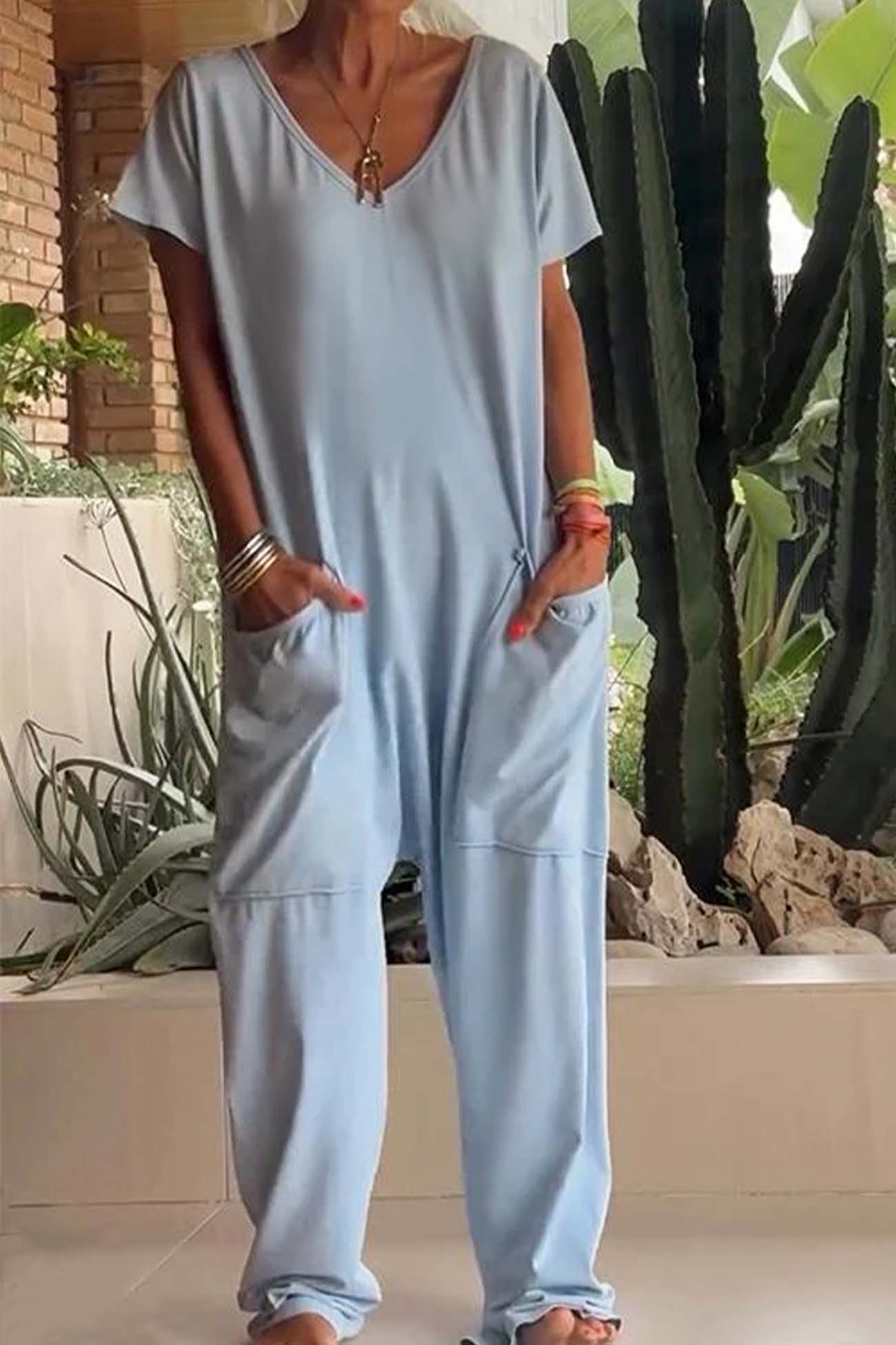 Women's V-Neck Short Sleeve Jumpsuit with Pockets and Loose Fit