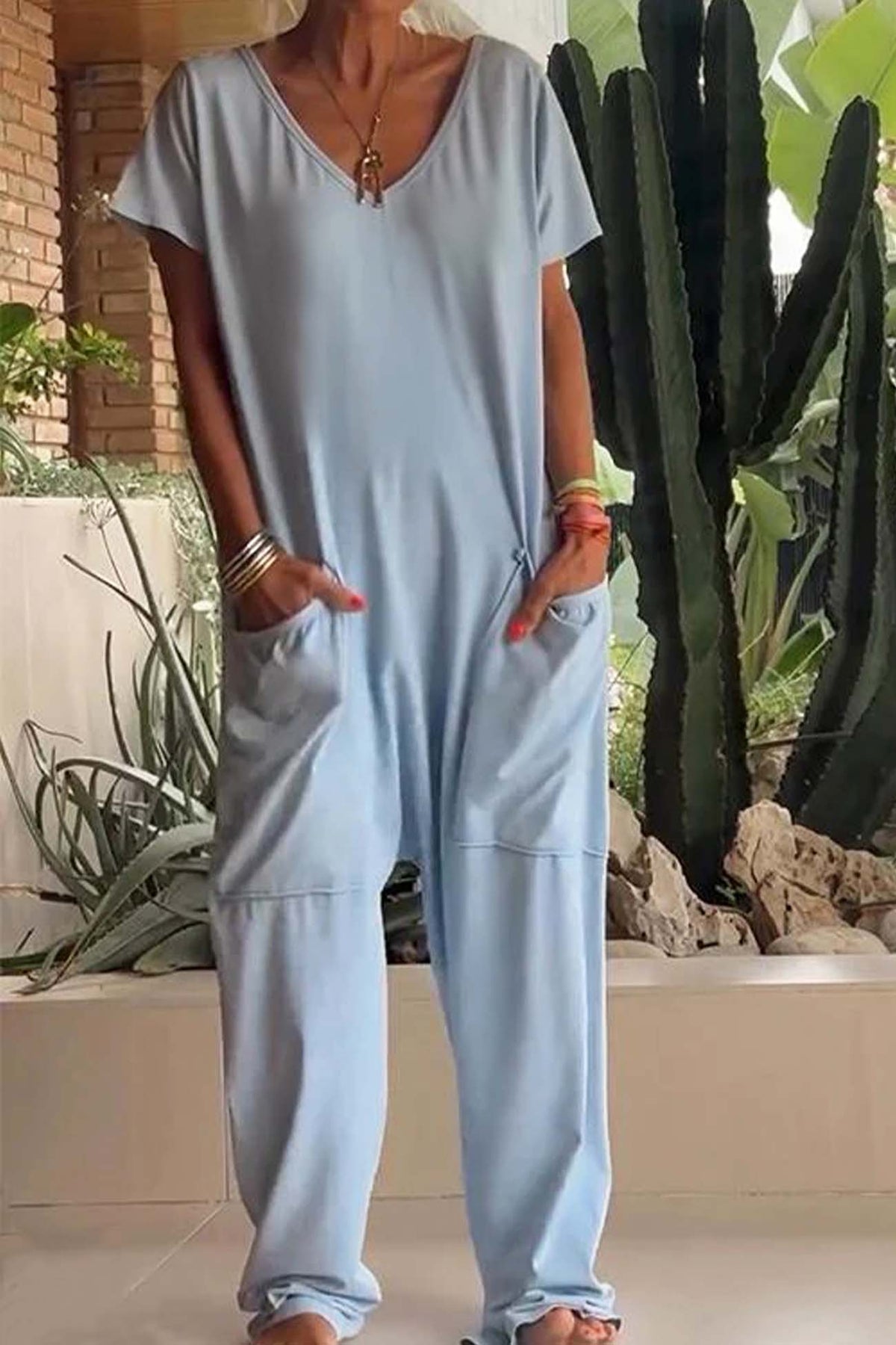 Women's V-Neck Short Sleeve Jumpsuit with Pockets and Loose Fit