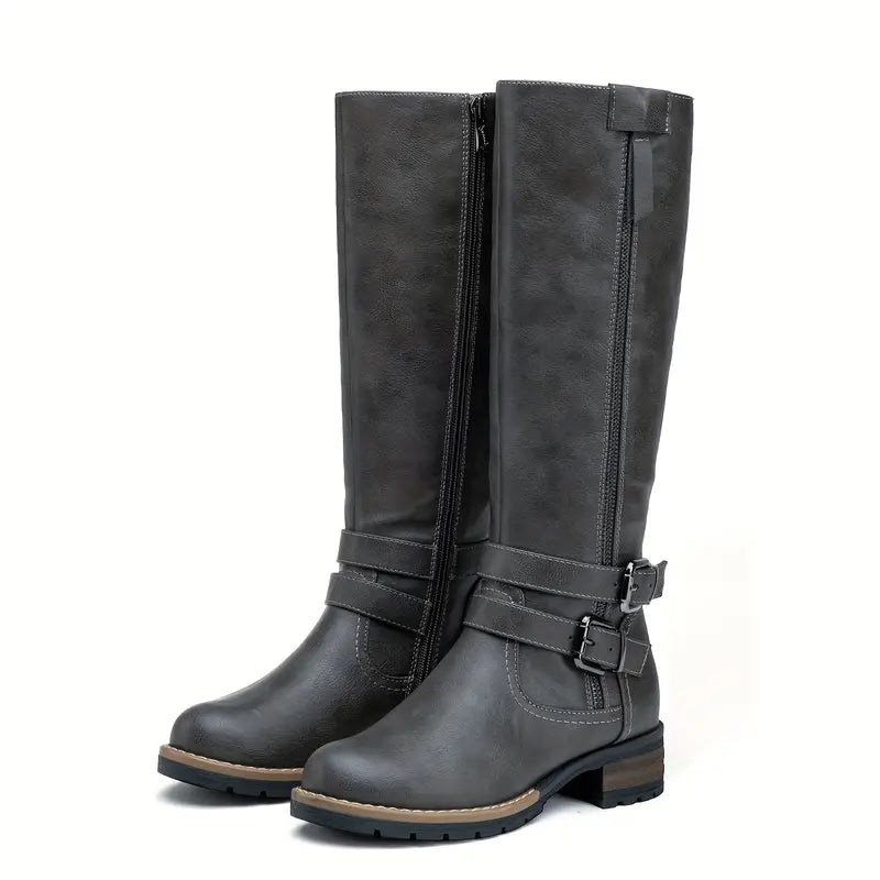 Street-wave Knee High Boots for Women with Zipper and Buckle, Timeless Style, Durable Sole