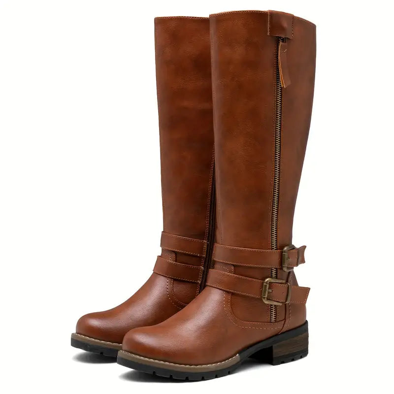 Street-wave Knee High Boots for Women with Zipper and Buckle, Timeless Style, Durable Sole