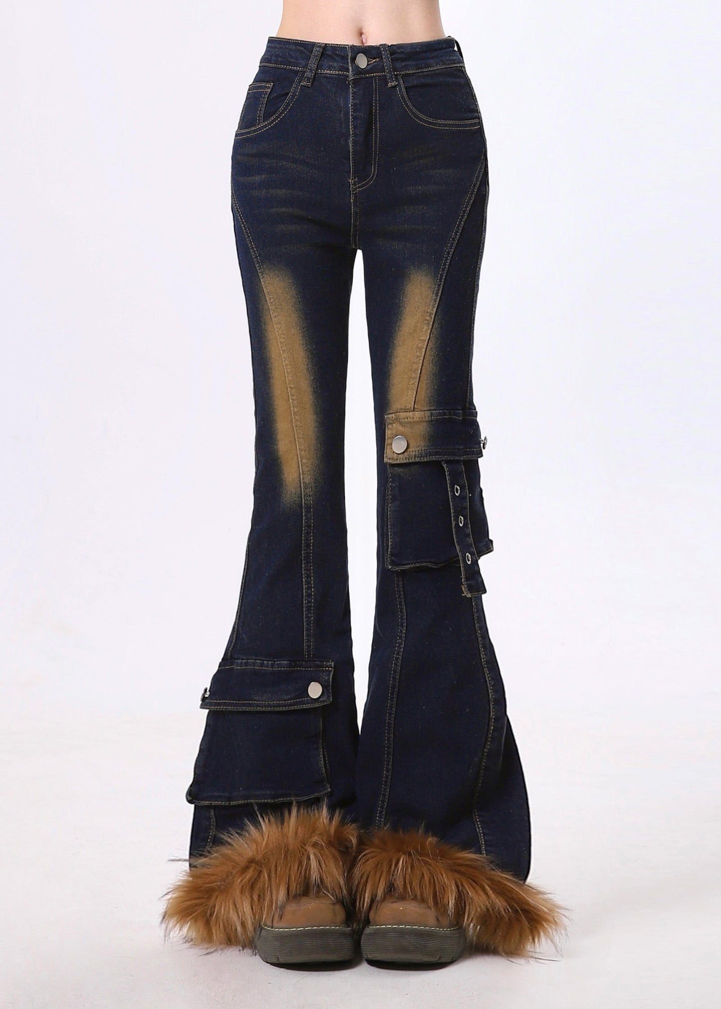 Pantalon évasé en coton et fausse fourrure bleu marine, coupe ajustée, printemps - Street-Wave