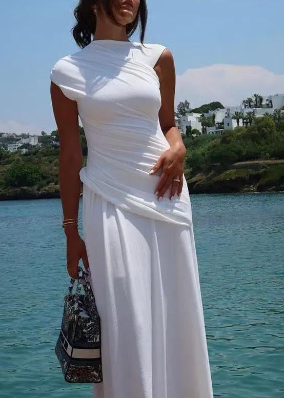 Robe portefeuille en coton froissé blanc patchwork, coupe ajustée, sans manches - Street-Wave