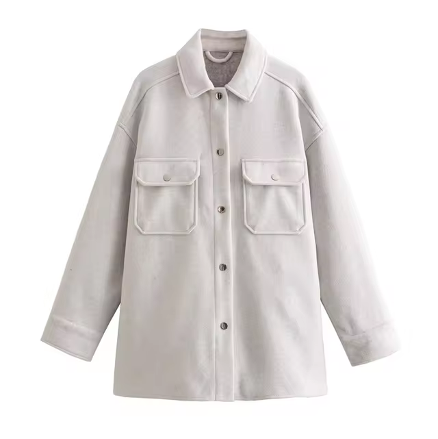 Street Wave Wool Shirt Jacket Women Cozy Elegant Two Front Pockets One Row Design