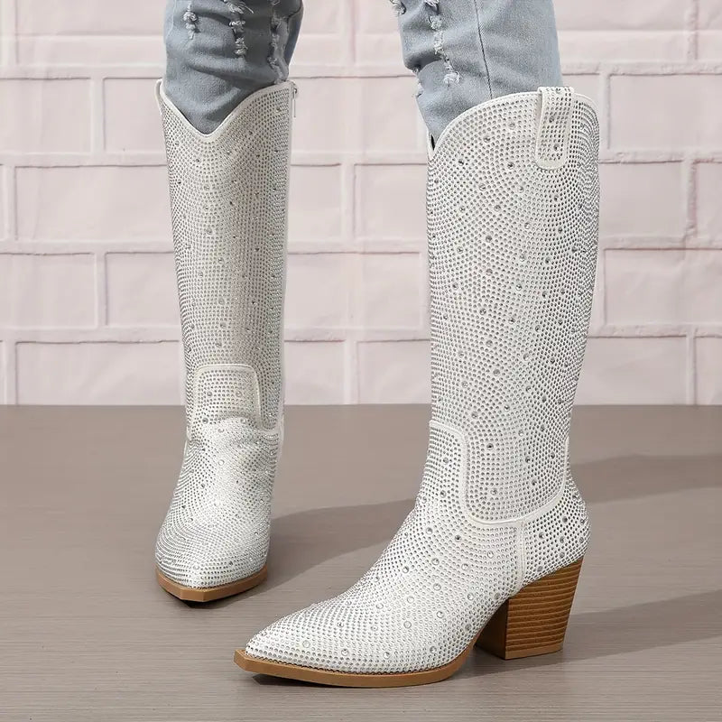 Street-wave Glittery Cowboy Boots For Women Sparkling Western Booties With Rhinestones