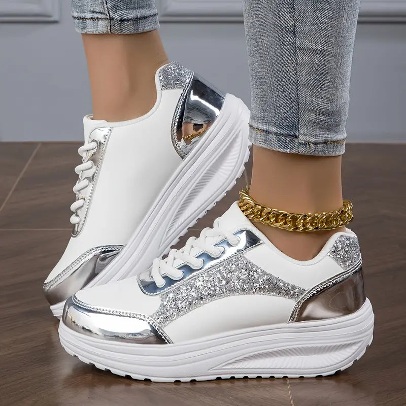 Maelys Sequin Platform Sneakers for Women with Thick Sole Glitter Detail for Glamorous Everyday Wear