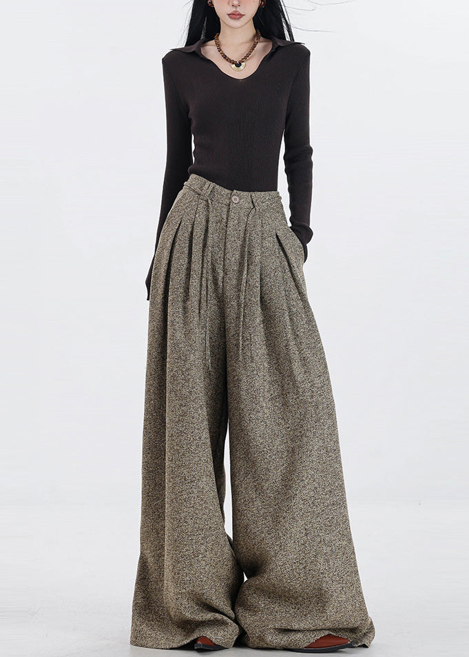 Pantalon large taille haute en laine kaki simple pour le printemps - Street-Wave