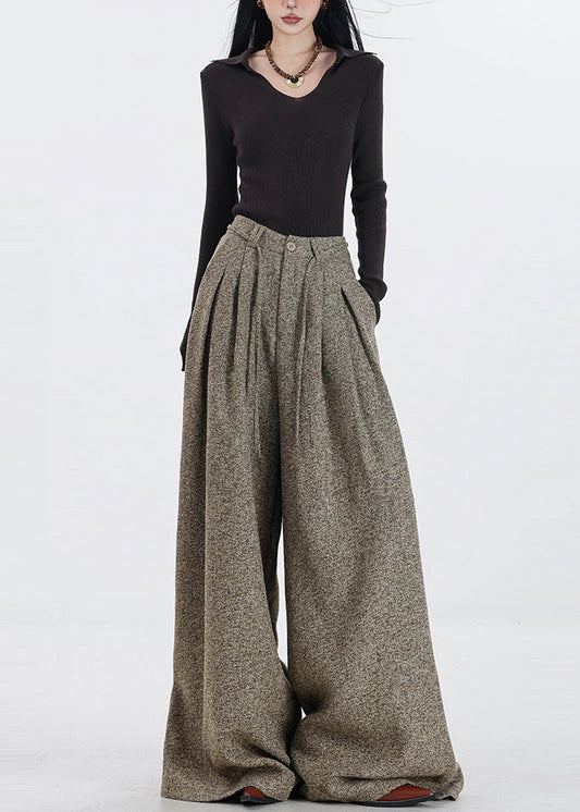 Pantalon large taille haute en laine kaki simple pour le printemps - Street-Wave