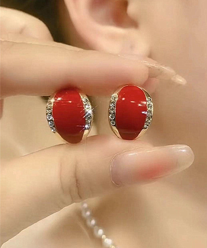 Boucles d'oreilles simples en argent sterling rouge avec zircon et jade - Street-Wave