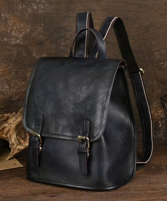 Sac à dos simple en cuir de veau noir de grande capacité - Street-Wave