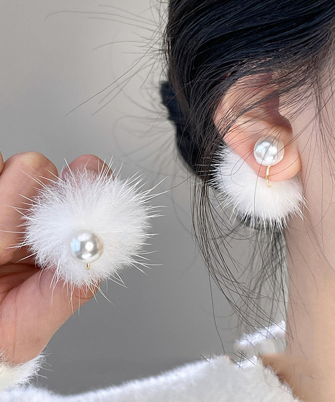 Boucles d'oreilles à tige simples en alliage de cuivre blanc avec perles en poils de vison - Street-Wave