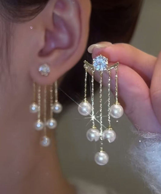 Boucles d'oreilles pendantes fines en alliage blanc avec perles de zircon - Street-Wave
