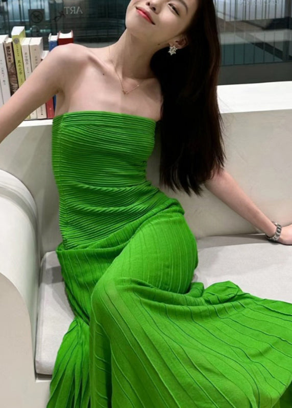 Robe longue en tricot à épaules dénudées et coupe slim verte pour l'été - Street-Wave