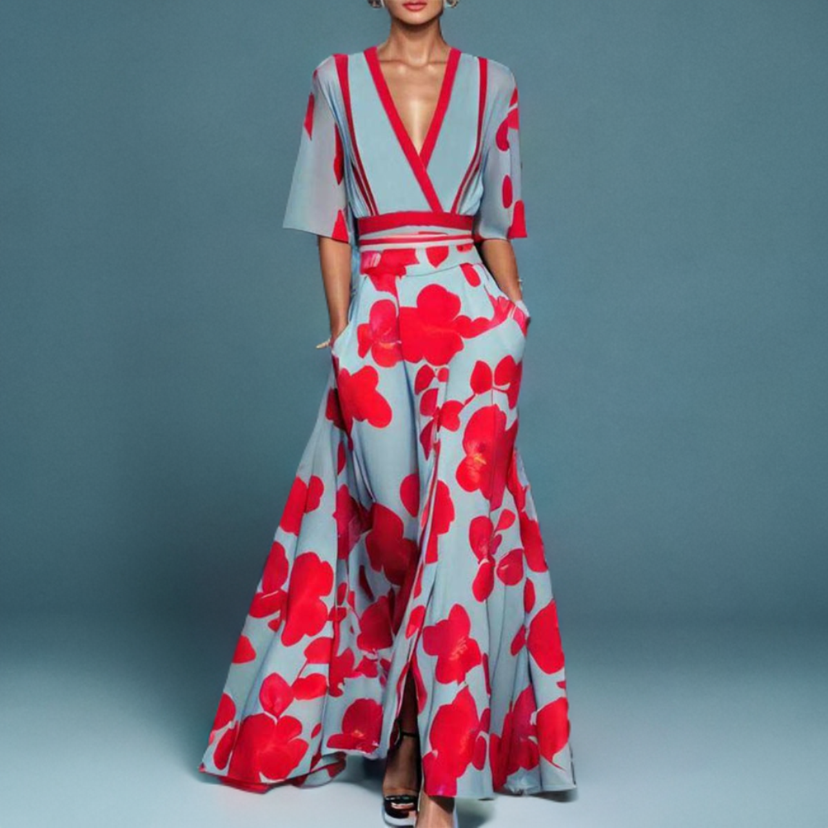 Street Wave Floral Maxi Dress With Bold Red Blossoms And V Neck Wrap Front For Elegant Women