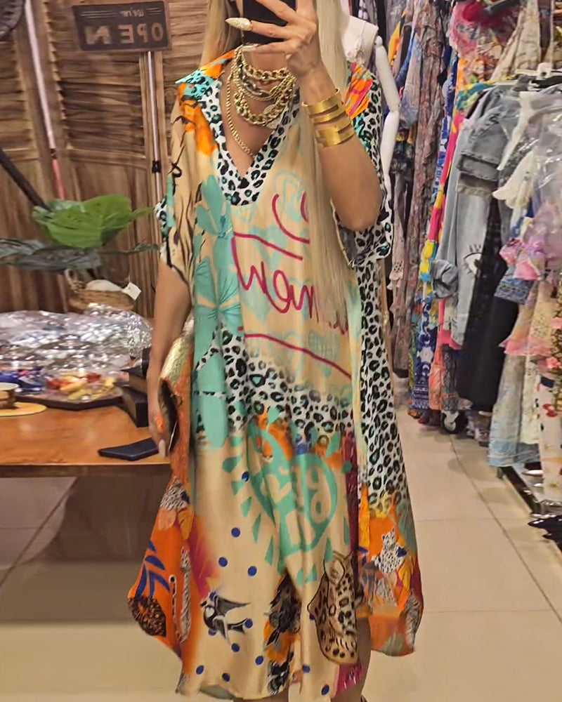 Streetwave Casual Womens Dress With Deep V Neck Leopard Print And Colorful Pattern