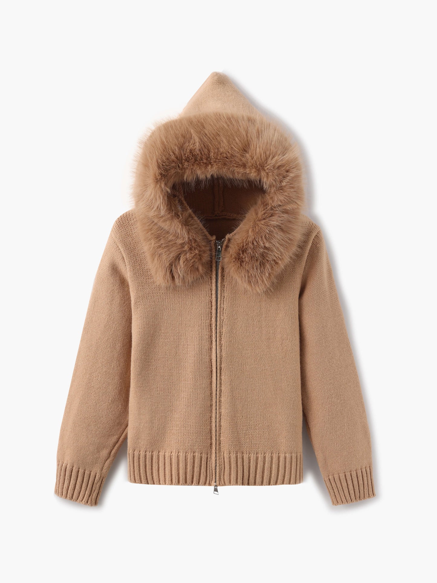 Street-Wave Knit Cardigan With Faux Fur Hood For Women Cozy Warm Grey Winter Jacket Fashion