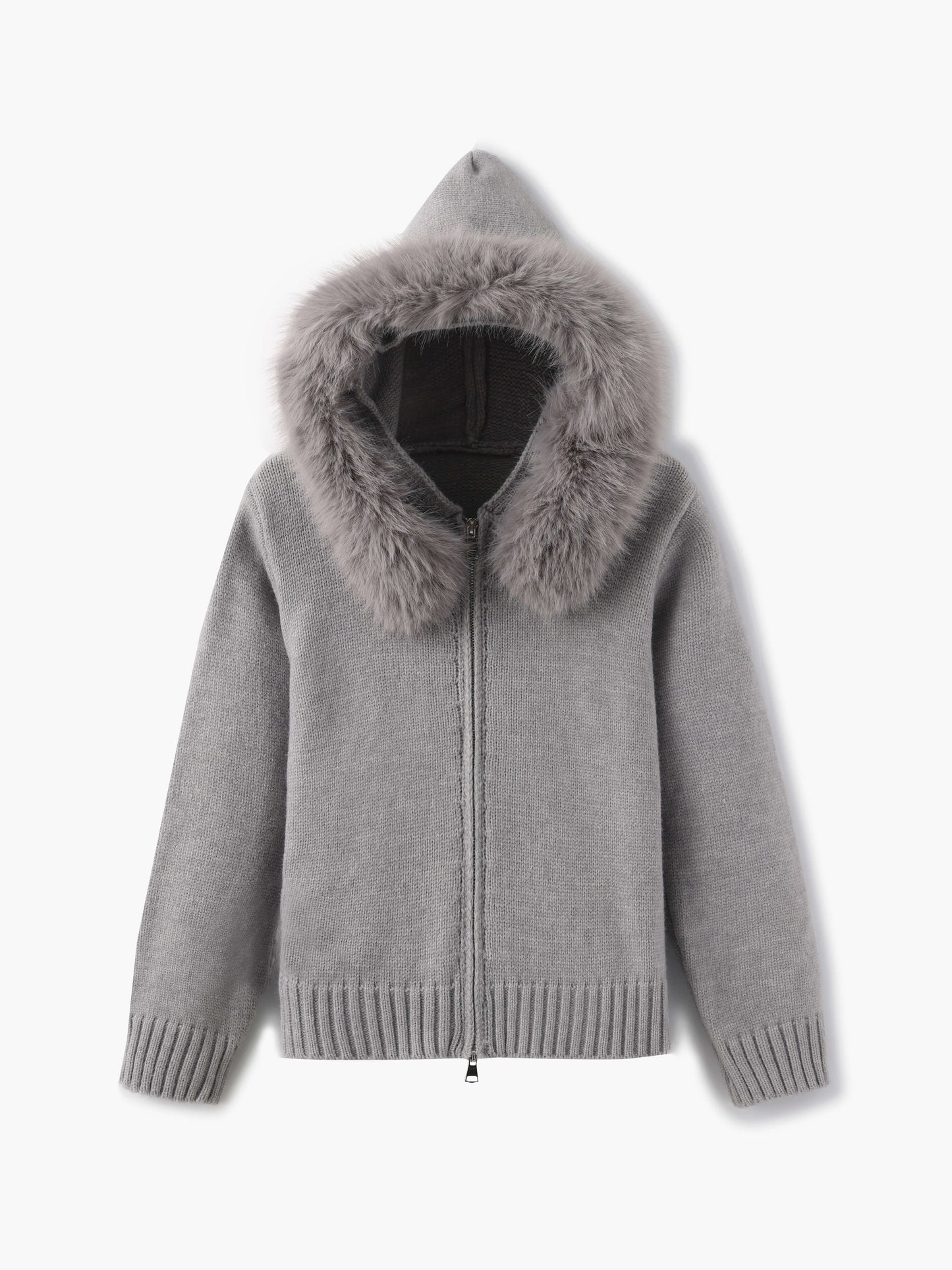 Street-Wave Knit Cardigan With Faux Fur Hood For Women Cozy Warm Grey Winter Jacket Fashion