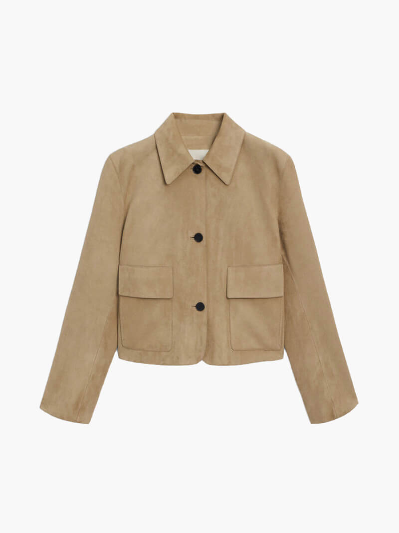 Street-wave Suede Jacket For Women, Classic Cropped Fit With Front Pockets, Luxe Beige