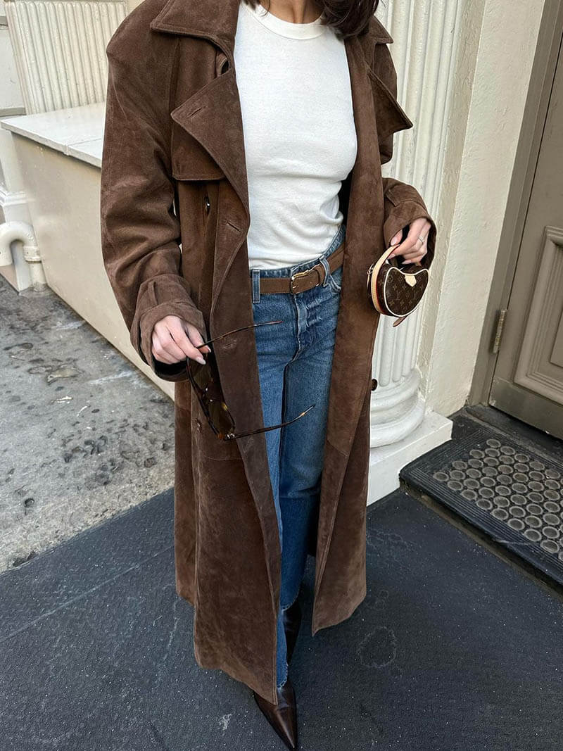 Streetwave Suede Trench Coat For Women With Timeless Silhouette And Belted Waist For Fall Style