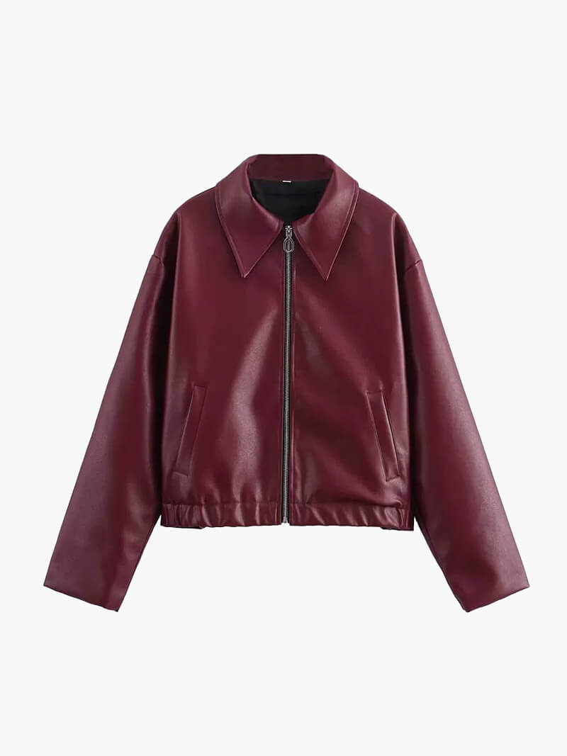 Street-wave Bordeaux Faux Leather Jacket For Women Zipper Front Chic Timeless Design