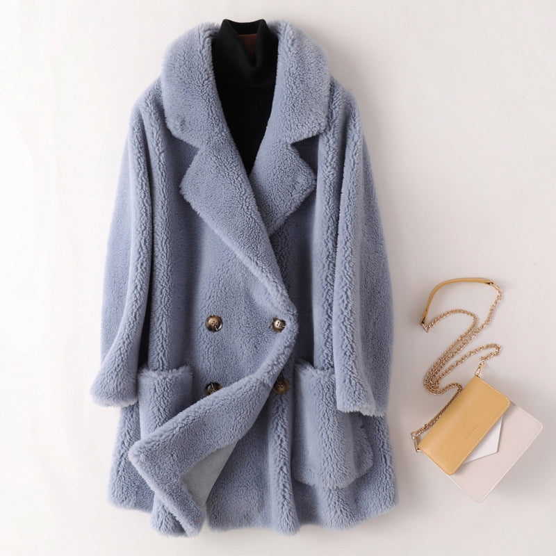 Street Wave Pink Warm Faux Fur Shearling Coat For Women