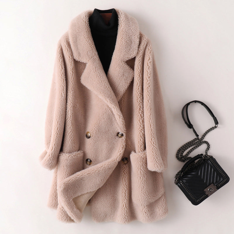 Street Wave Pink Warm Faux Fur Shearling Coat For Women