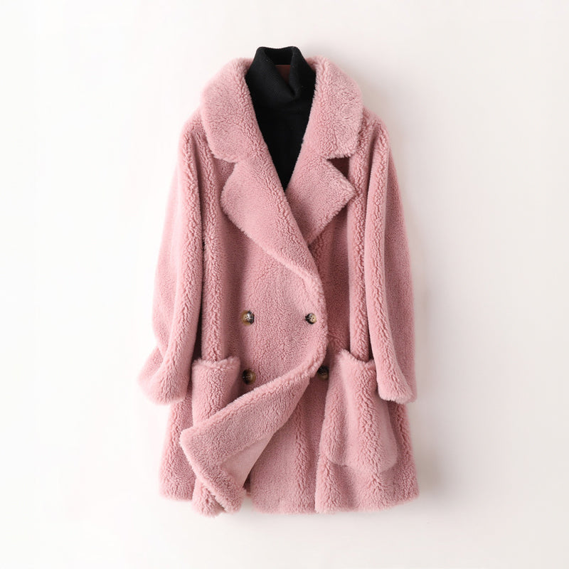 Street Wave Pink Warm Faux Fur Shearling Coat For Women