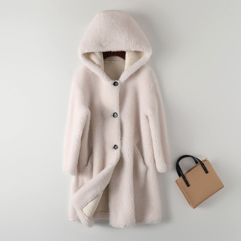 Street Wave Teddy Coat Oversized Hooded Mid Length Warm For Women Button Closure Cozy Plush
