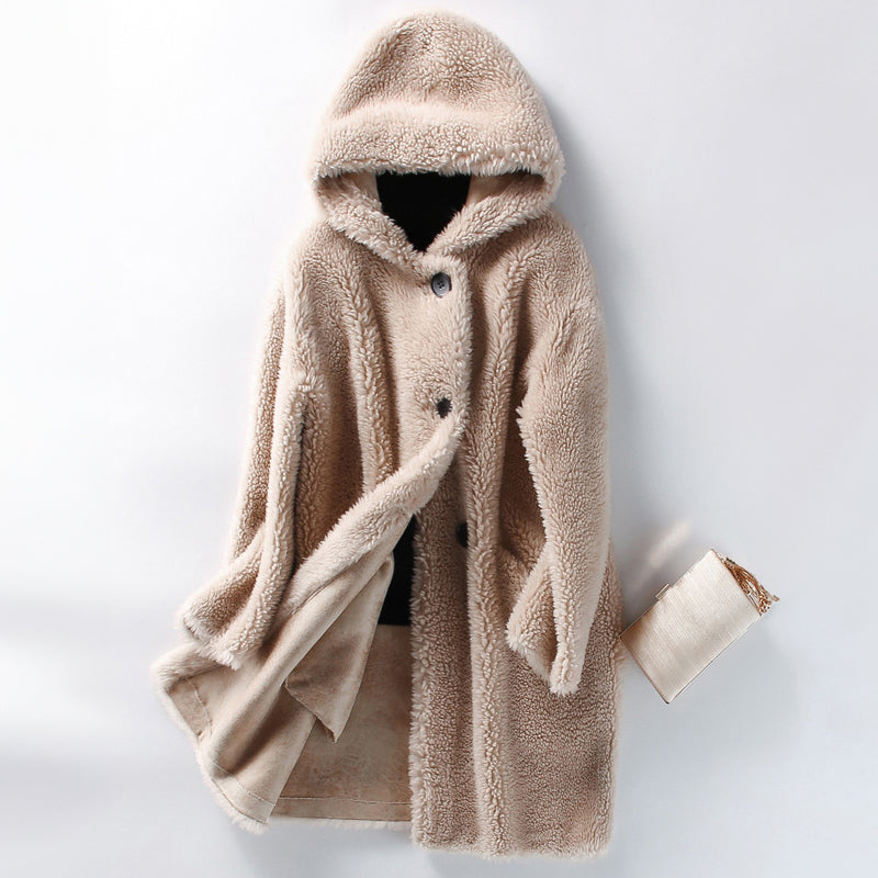 Street Wave Teddy Coat Oversized Hooded Mid Length Warm For Women Button Closure Cozy Plush