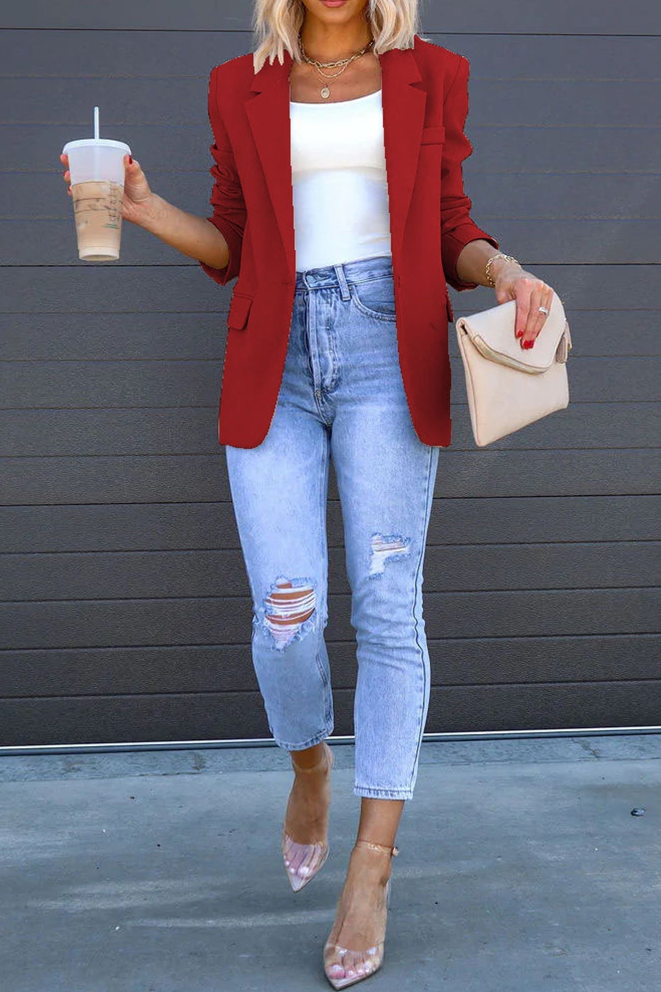 Street Wave Solid Color Mid Length Blazer With Notched Lapel For Women, Effortless Chic, Timeless Appeal